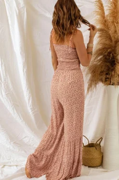 Clearance Dear-Lover Thin Straps Smocked Bodice Wide Leg Floral Jumpsuit Khaki