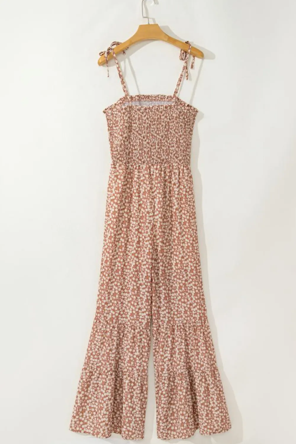 Clearance Dear-Lover Thin Straps Smocked Bodice Wide Leg Floral Jumpsuit Khaki