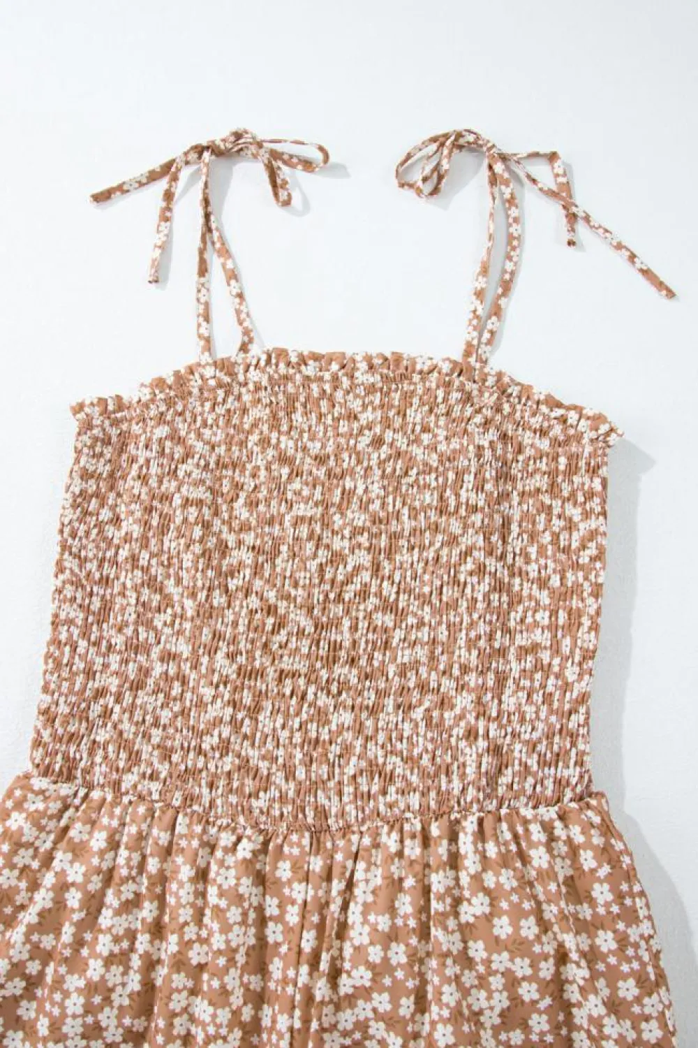 Clearance Dear-Lover Thin Straps Smocked Bodice Wide Leg Floral Jumpsuit Khaki