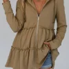 Best Dear-Lover Tiered Ruffled Zip-Up Drawstring Hooded Jacket Khaki