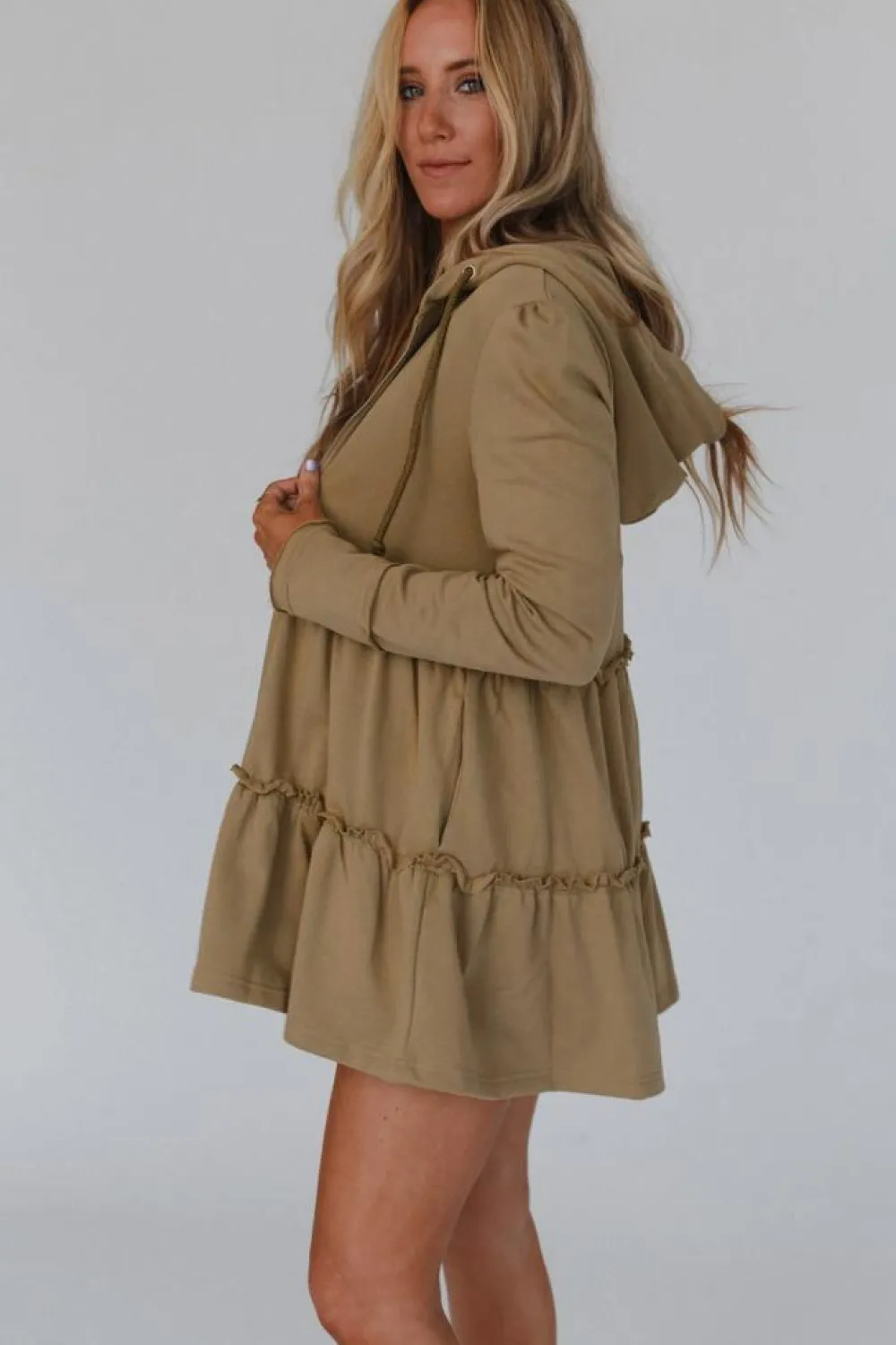 Best Dear-Lover Tiered Ruffled Zip-Up Drawstring Hooded Jacket Khaki