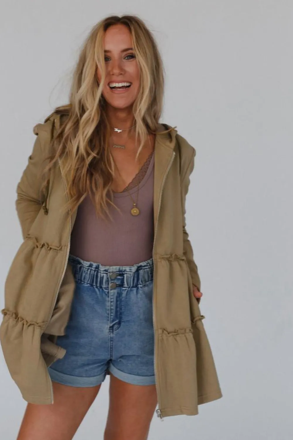 Best Dear-Lover Tiered Ruffled Zip-Up Drawstring Hooded Jacket Khaki