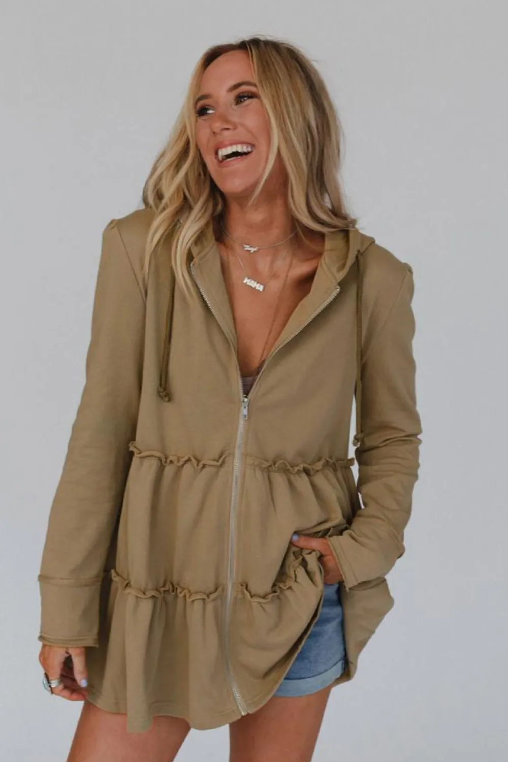 Best Dear-Lover Tiered Ruffled Zip-Up Drawstring Hooded Jacket Khaki