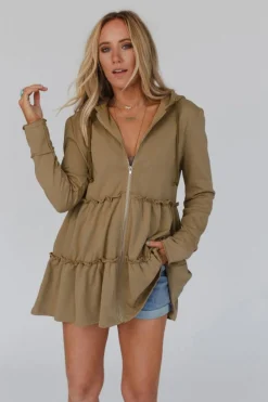 Best Dear-Lover Tiered Ruffled Zip-Up Drawstring Hooded Jacket Khaki