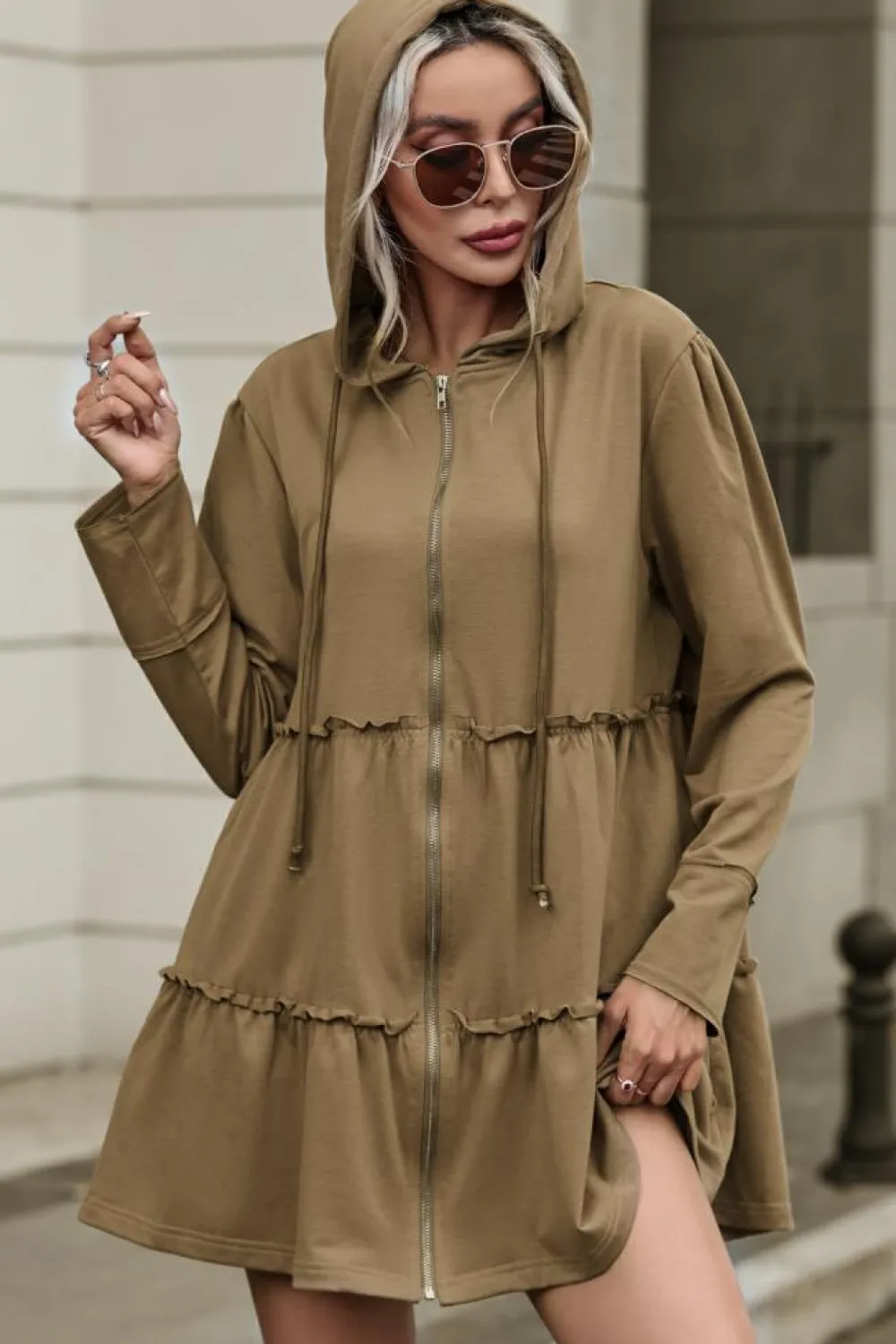 Best Dear-Lover Tiered Ruffled Zip-Up Drawstring Hooded Jacket Khaki