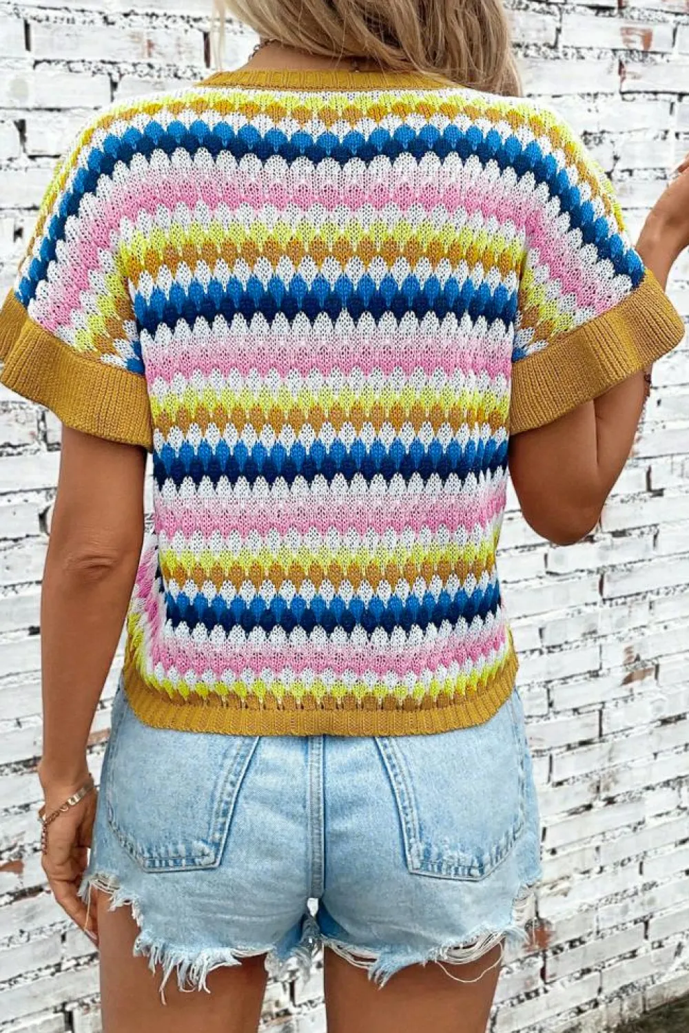 Hot Dear-Lover Trimmed Ruffle Sleeve Colorful Textured Sweater Khaki