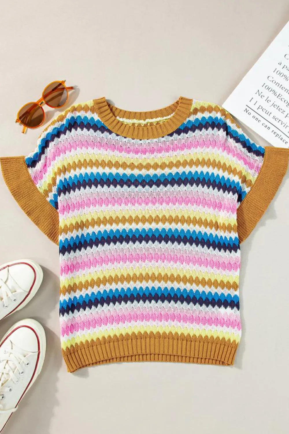 Hot Dear-Lover Trimmed Ruffle Sleeve Colorful Textured Sweater Khaki