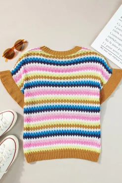 Hot Dear-Lover Trimmed Ruffle Sleeve Colorful Textured Sweater Khaki