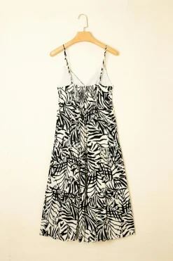 Best Dear-Lover Tropical Palm Print Wrapped V Neck Spaghetti Straps Tiered Dress Khaki