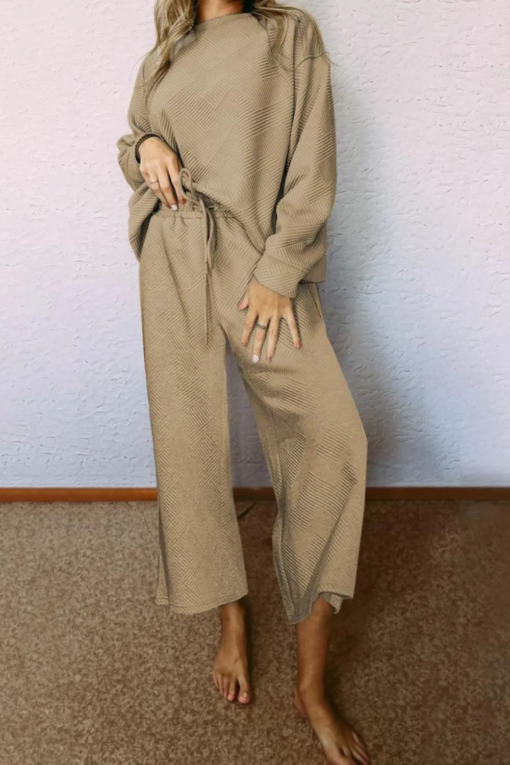 Outlet Dear-Lover Khaki Ultra Loose Textured 2pcs Slouchy Outfit Pale Khaki