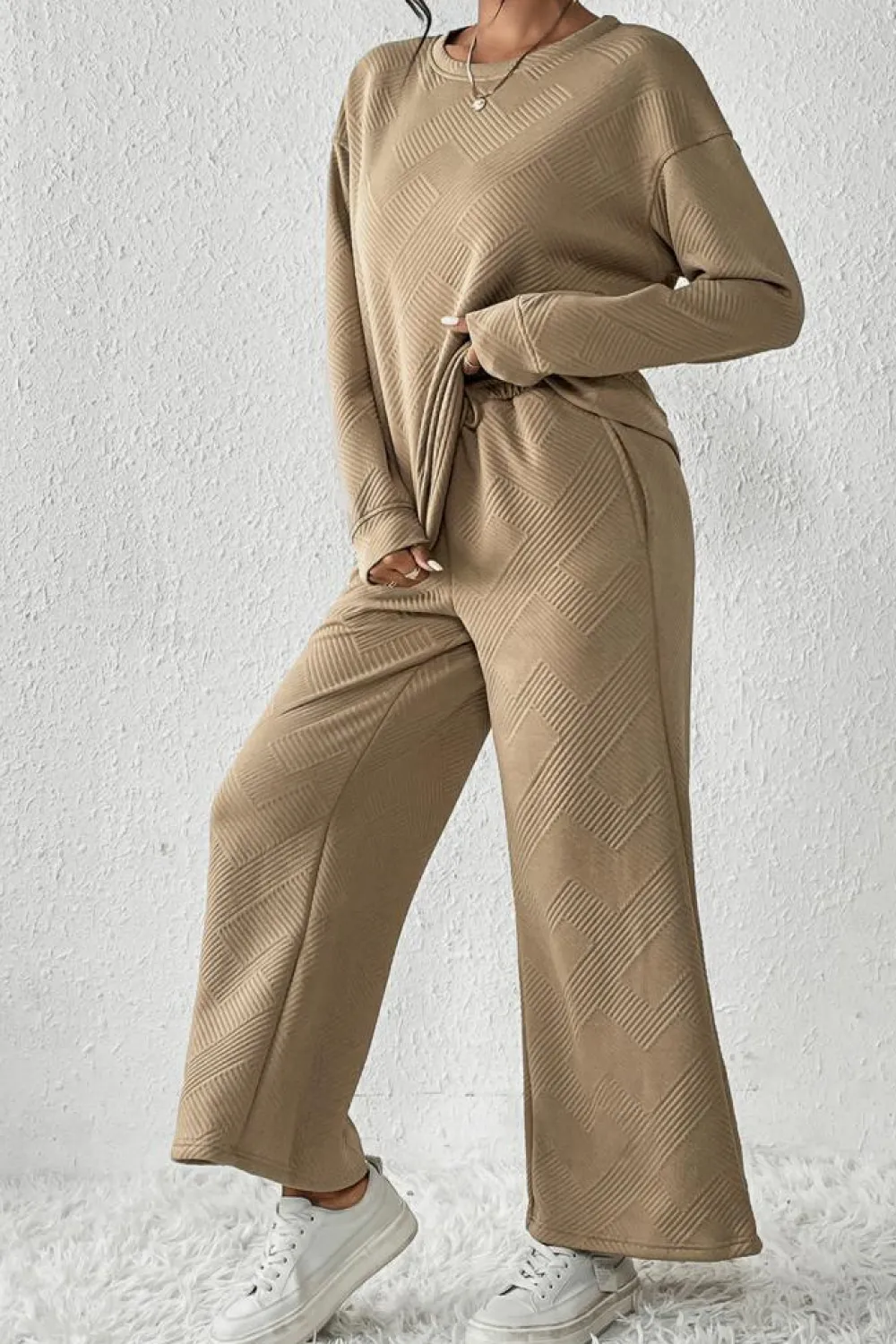 Outlet Dear-Lover Khaki Ultra Loose Textured 2pcs Slouchy Outfit Pale Khaki