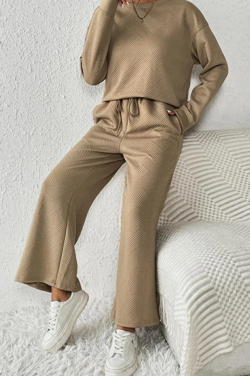 Outlet Dear-Lover Khaki Ultra Loose Textured 2pcs Slouchy Outfit Pale Khaki