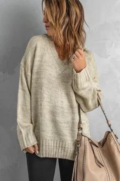 Outlet Dear-Lover V neck Drop Shoulder Knitted Sweater Khaki