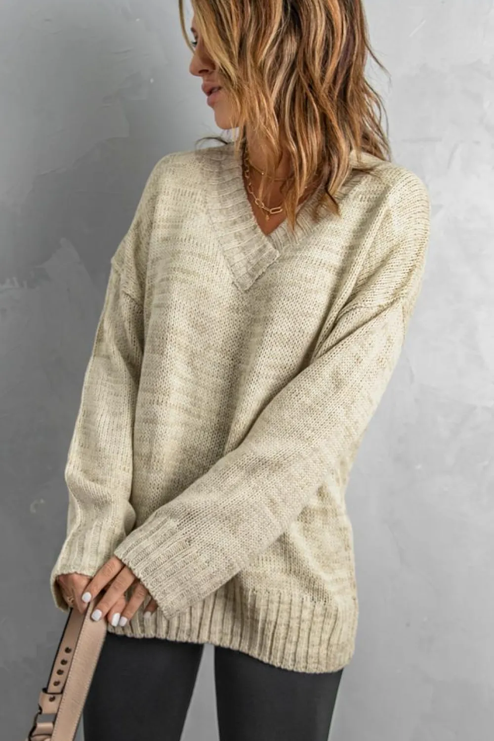 Outlet Dear-Lover V neck Drop Shoulder Knitted Sweater Khaki