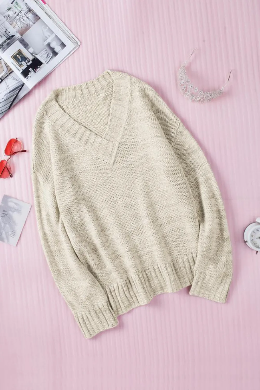 Outlet Dear-Lover V neck Drop Shoulder Knitted Sweater Khaki