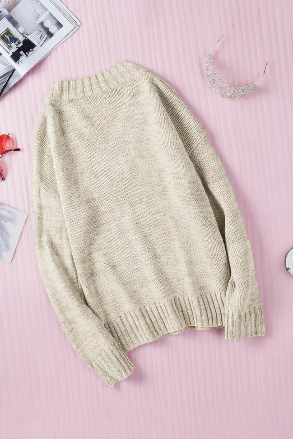 Outlet Dear-Lover V neck Drop Shoulder Knitted Sweater Khaki