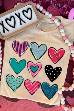 Discount Dear-Lover Valentines Multi Pattern Heart Shape Graphic T Shirt Khaki