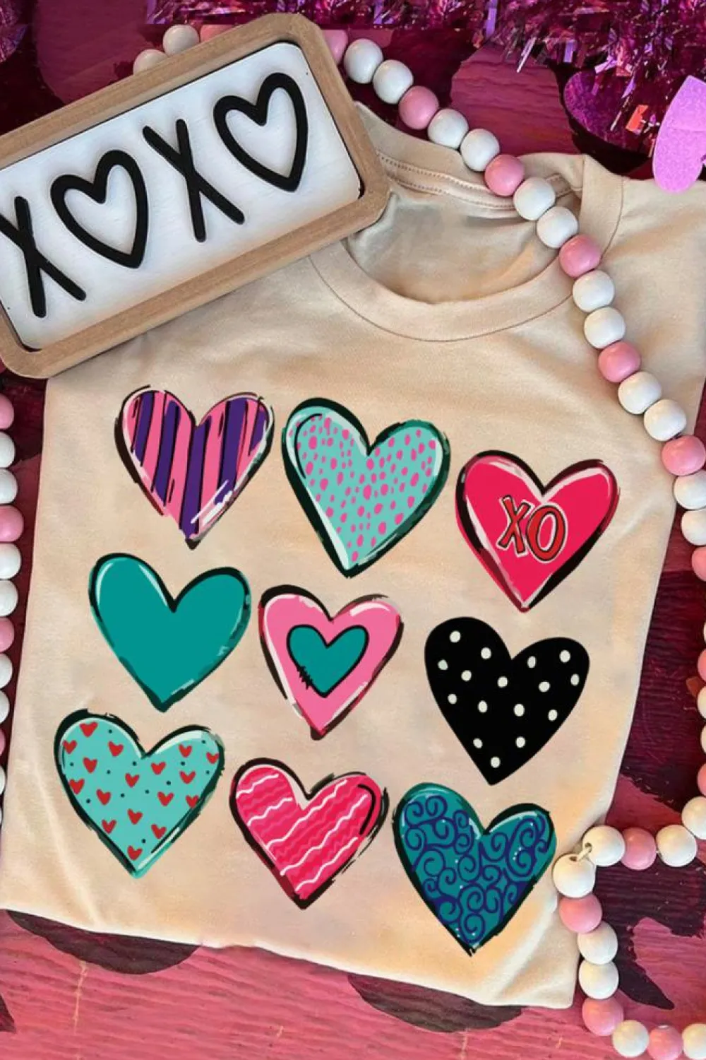 Discount Dear-Lover Valentines Multi Pattern Heart Shape Graphic T Shirt Khaki