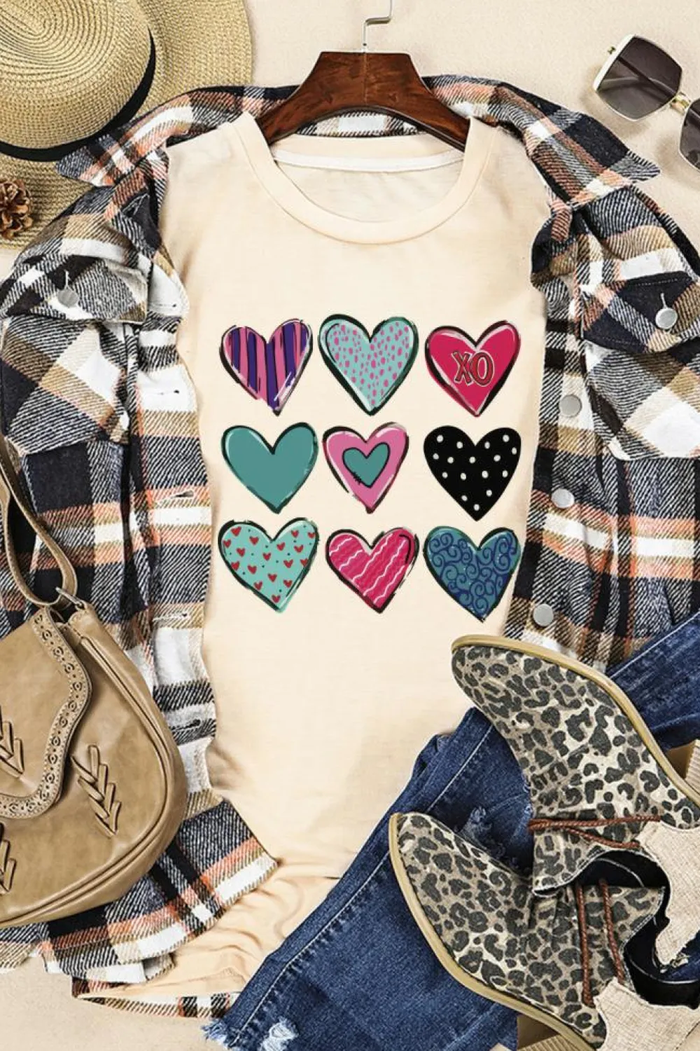 Discount Dear-Lover Valentines Multi Pattern Heart Shape Graphic T Shirt Khaki