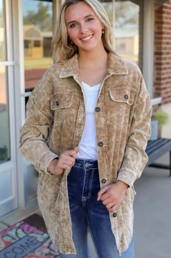 New Dear-Lover Vintage Distressed Mineral Wash Oversized Shacket Khaki