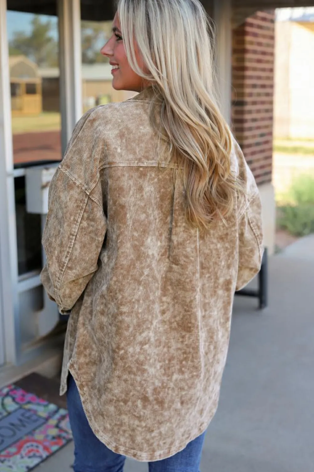 New Dear-Lover Vintage Distressed Mineral Wash Oversized Shacket Khaki