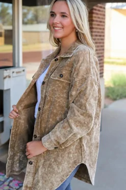 New Dear-Lover Vintage Distressed Mineral Wash Oversized Shacket Khaki