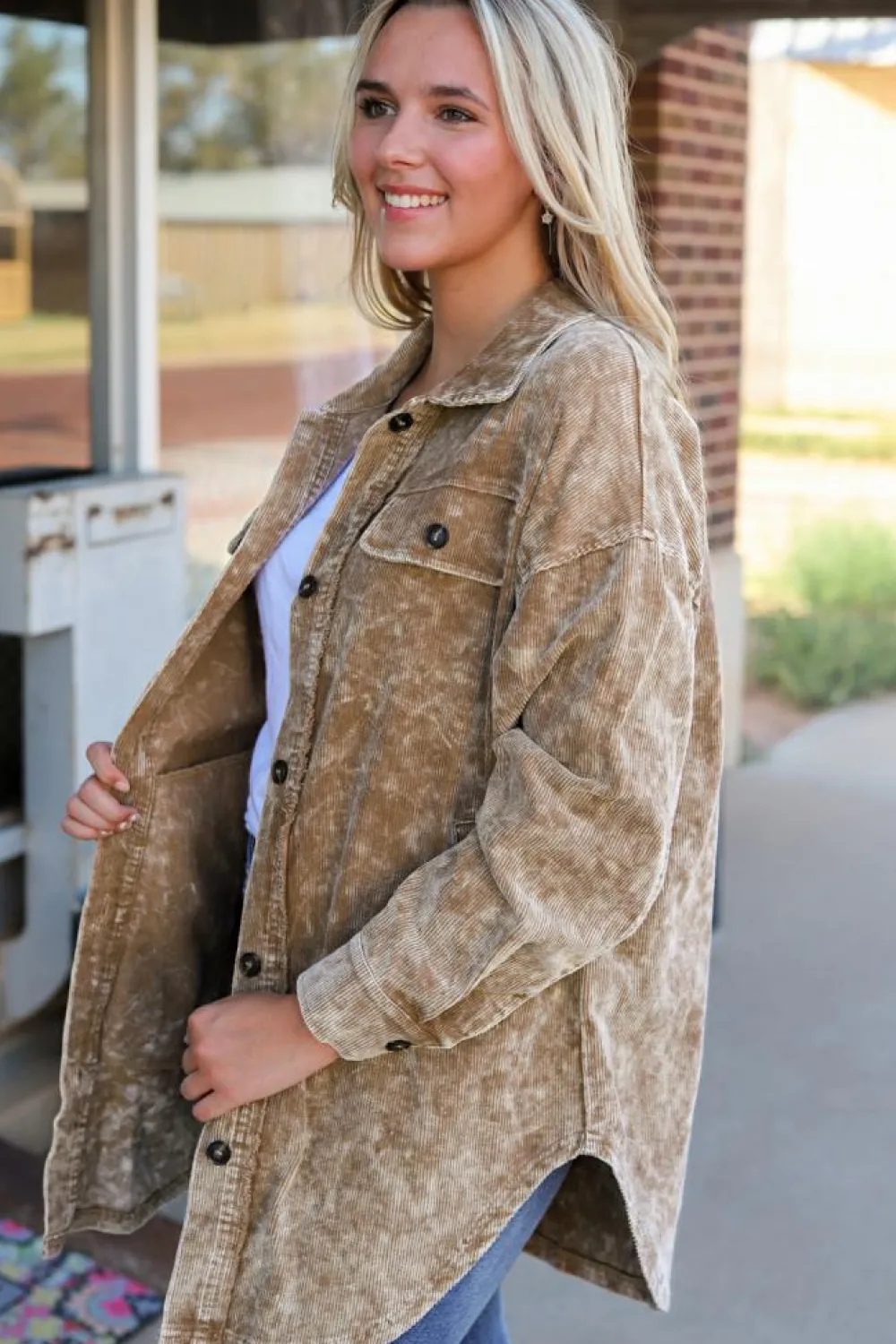 New Dear-Lover Vintage Distressed Mineral Wash Oversized Shacket Khaki