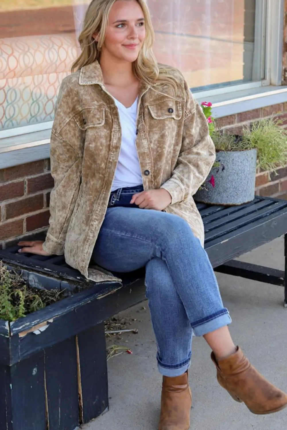 New Dear-Lover Vintage Distressed Mineral Wash Oversized Shacket Khaki