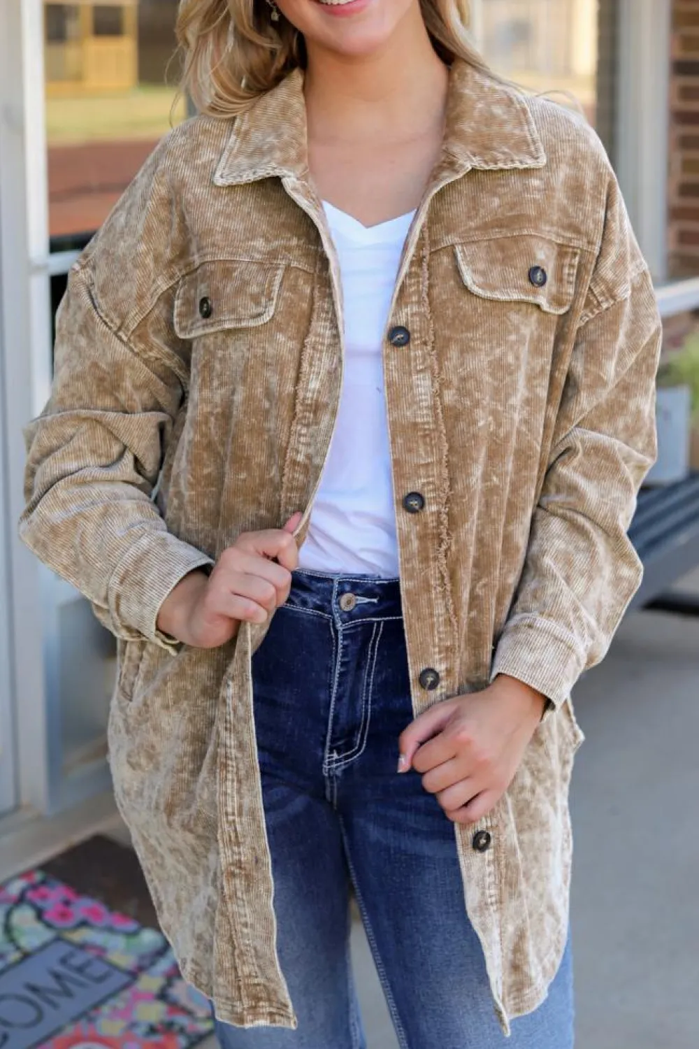 New Dear-Lover Vintage Distressed Mineral Wash Oversized Shacket Khaki