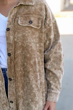 New Dear-Lover Vintage Distressed Mineral Wash Oversized Shacket Khaki