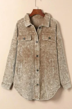 New Dear-Lover Vintage Distressed Mineral Wash Oversized Shacket Khaki