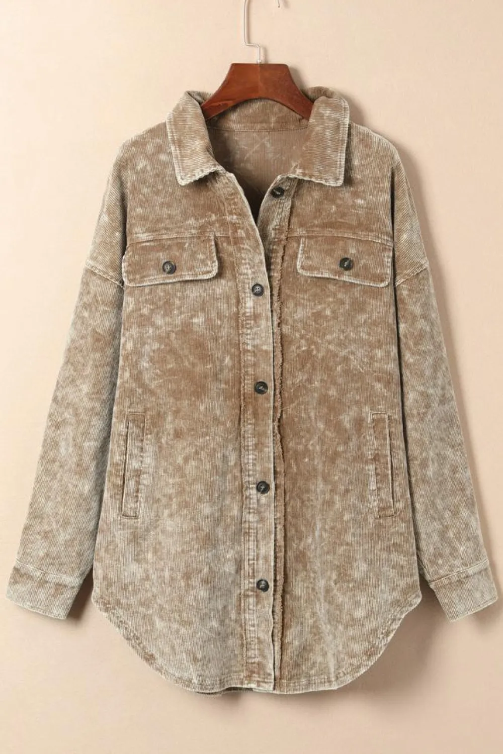 New Dear-Lover Vintage Distressed Mineral Wash Oversized Shacket Khaki