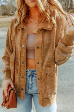 New Dear-Lover Vintage Washed Flap Pocket Button Shacket Khaki