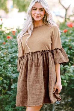 Fashion Dear-Lover Waffle Crinkle Patchwork Frilled Flare Dress Khaki