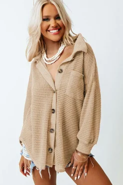 Best Dear-Lover Waffle Knit Button Up Casual Shirt Khaki