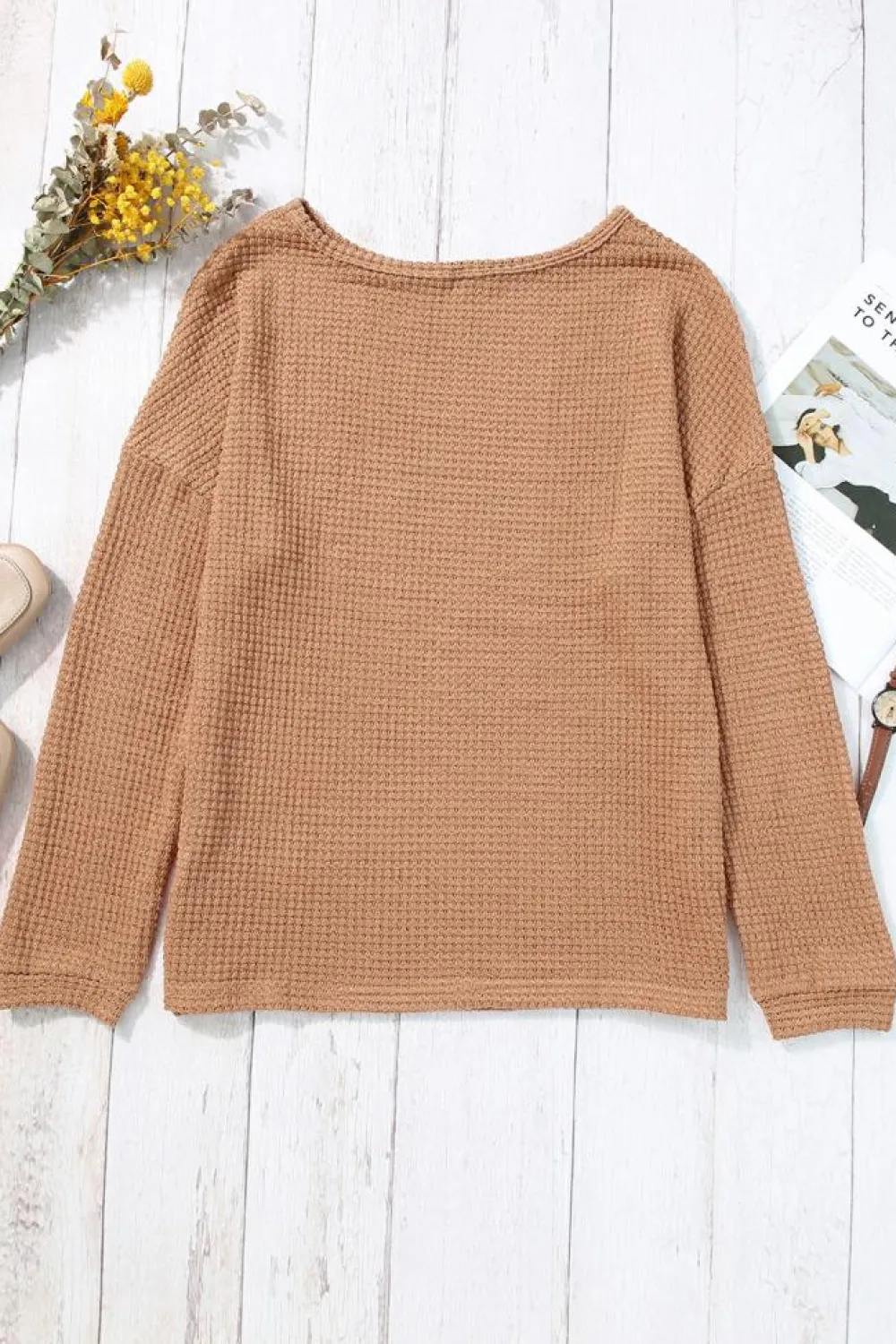 Sale Dear-Lover Waffle Knit Drop Shoulder Long Sleeve Top Khaki