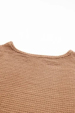 Sale Dear-Lover Waffle Knit Drop Shoulder Long Sleeve Top Khaki