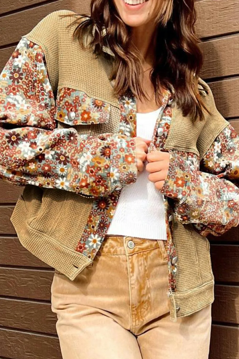 Best Dear-Lover Waffle Knit Floral Print Patchwork Button up Jacket Khaki