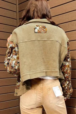 Best Dear-Lover Waffle Knit Floral Print Patchwork Button up Jacket Khaki