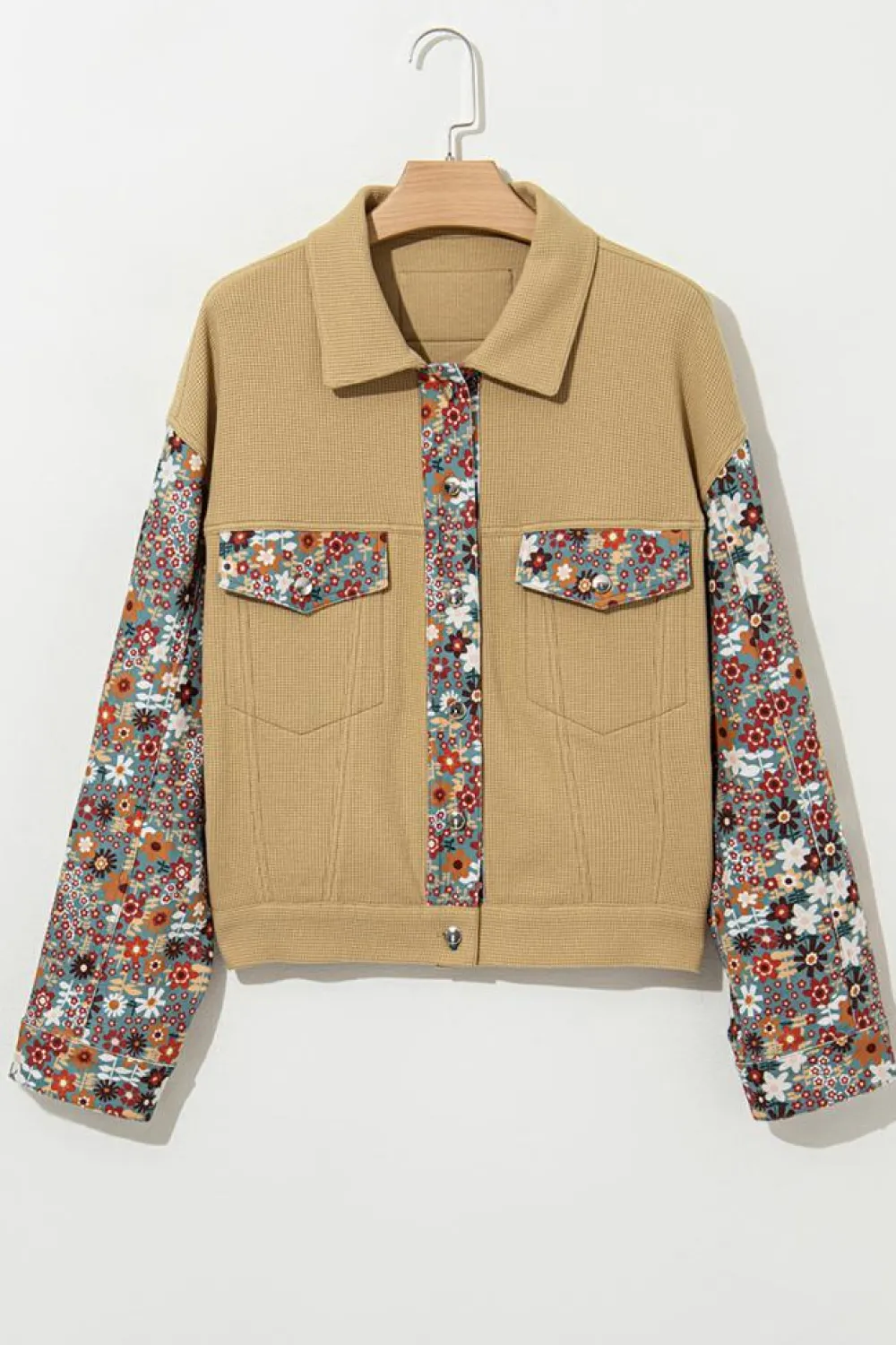 Best Dear-Lover Waffle Knit Floral Print Patchwork Button up Jacket Khaki