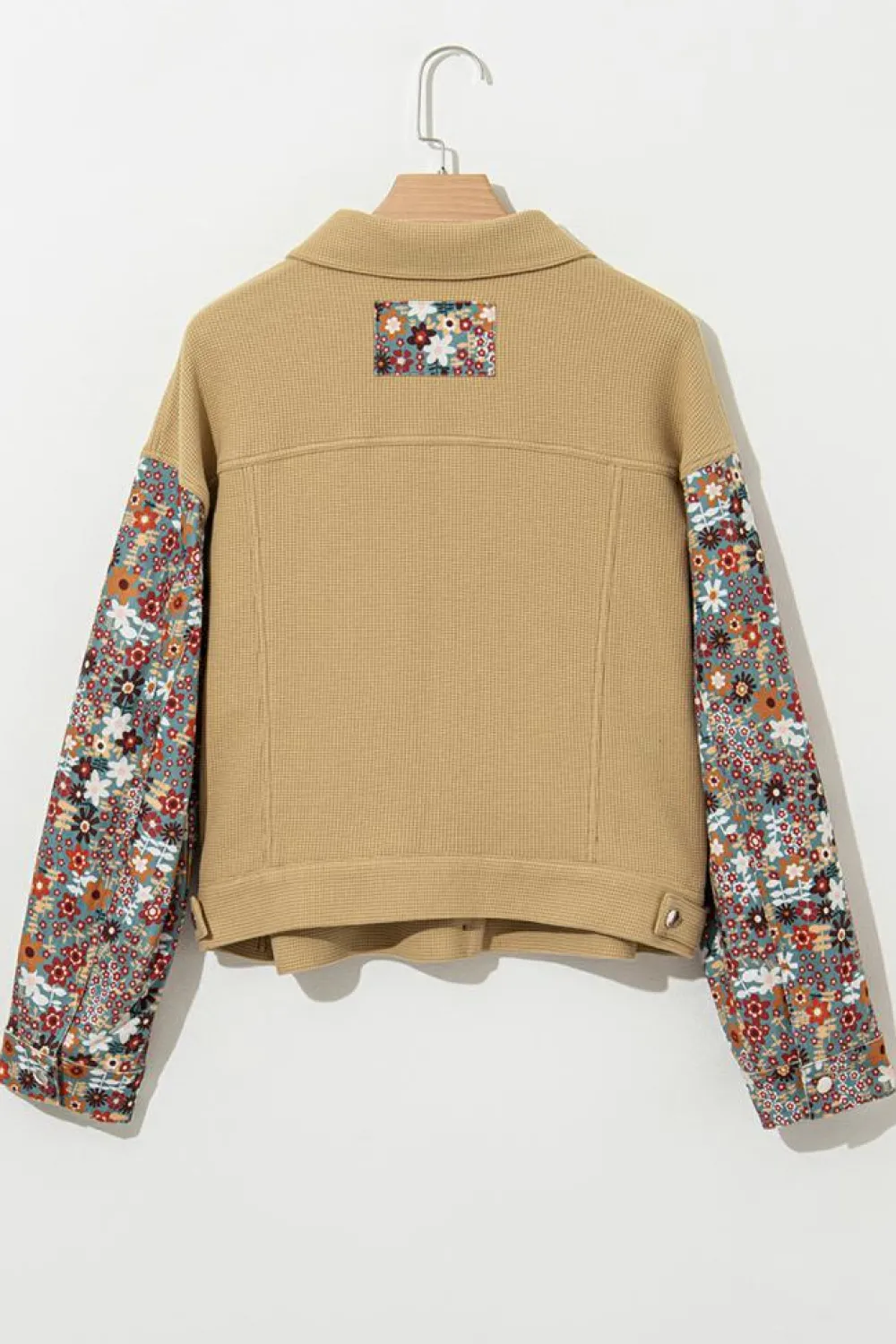 Best Dear-Lover Waffle Knit Floral Print Patchwork Button up Jacket Khaki