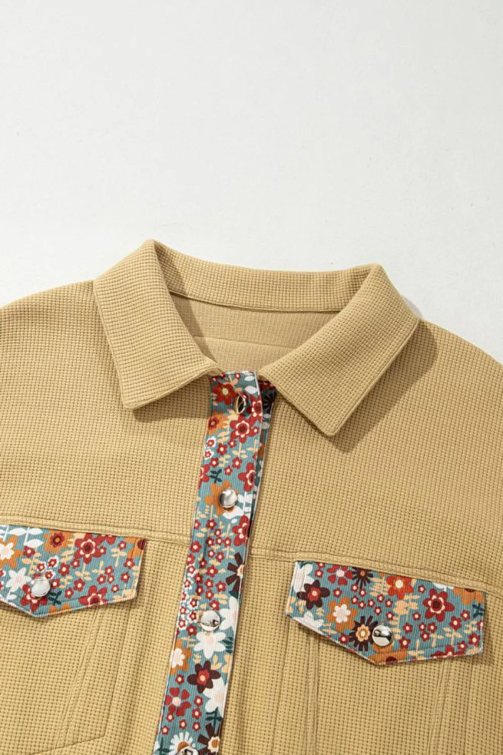 Best Dear-Lover Waffle Knit Floral Print Patchwork Button up Jacket Khaki
