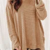 Clearance Dear-Lover Waffle Knit High Slits Oversized Top Khaki