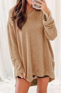 Clearance Dear-Lover Waffle Knit High Slits Oversized Top Khaki