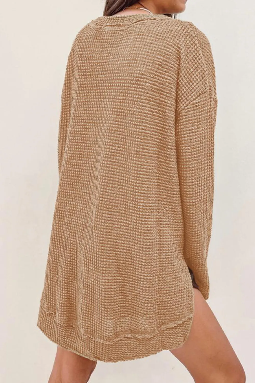 Clearance Dear-Lover Waffle Knit High Slits Oversized Top Khaki