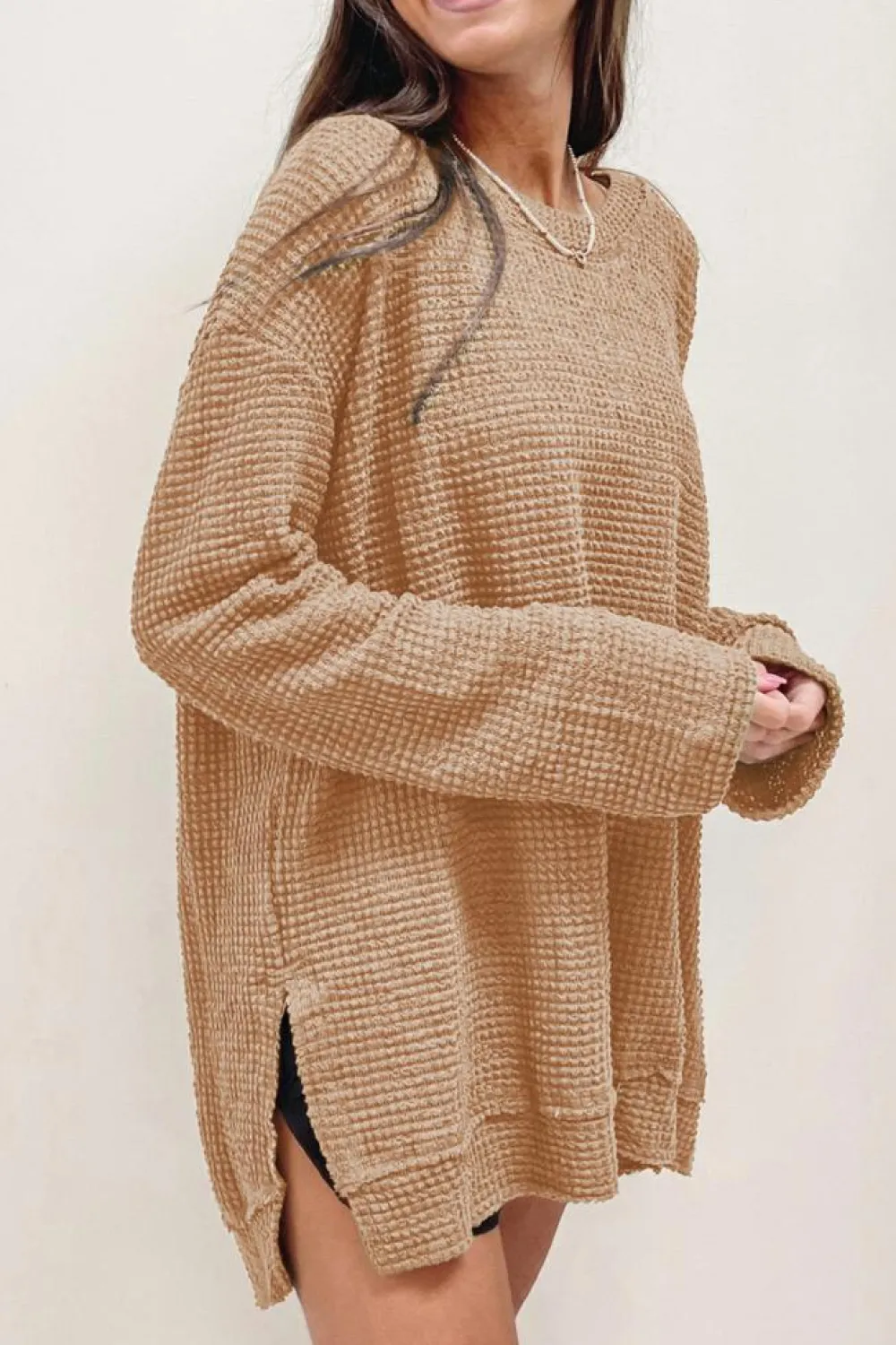 Clearance Dear-Lover Waffle Knit High Slits Oversized Top Khaki