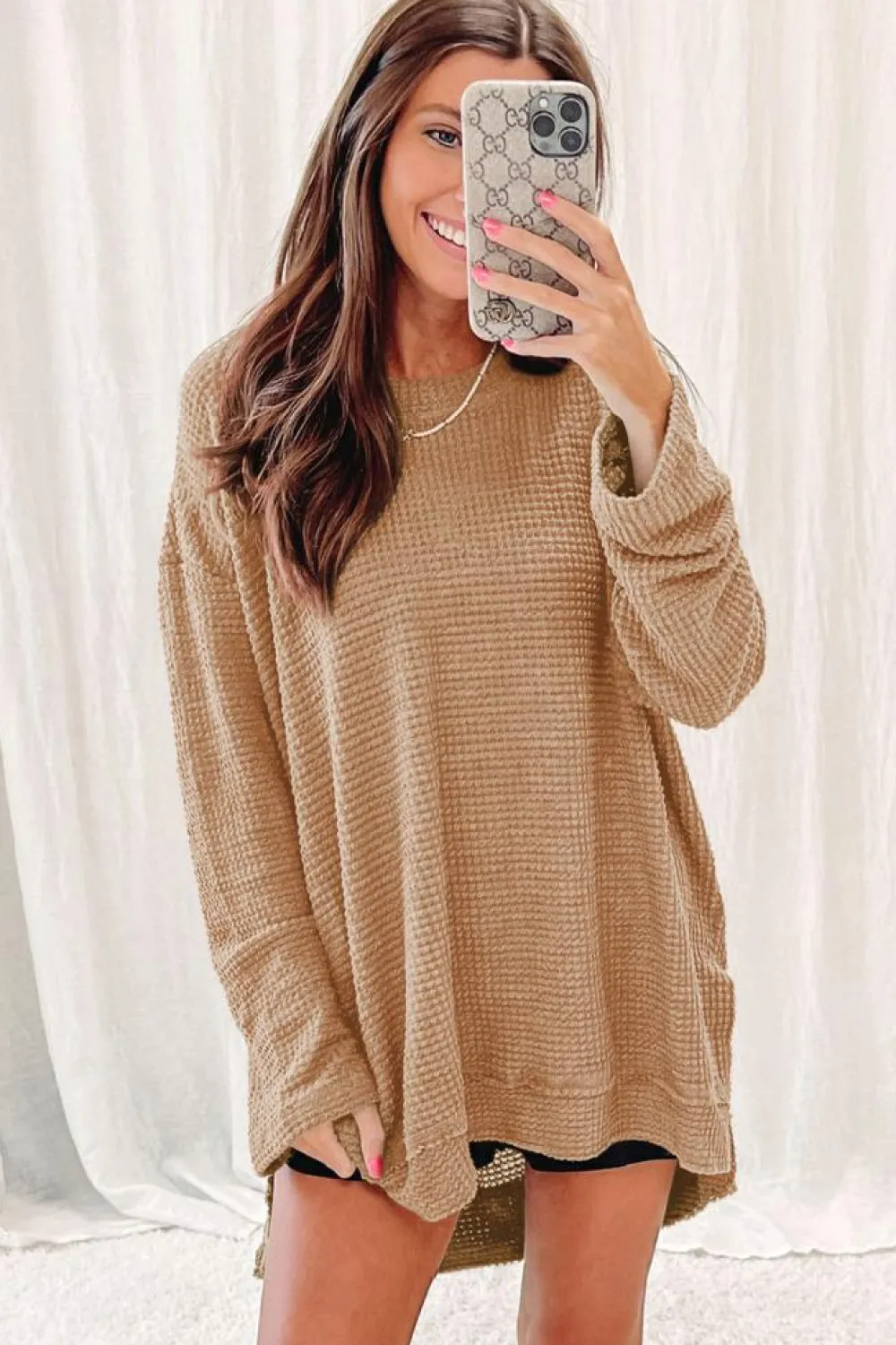 Clearance Dear-Lover Waffle Knit High Slits Oversized Top Khaki