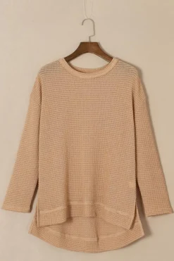 Clearance Dear-Lover Waffle Knit High Slits Oversized Top Khaki