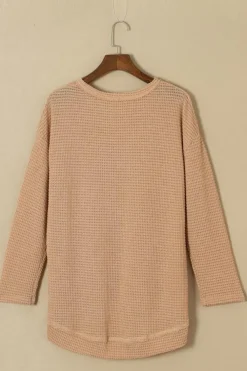 Clearance Dear-Lover Waffle Knit High Slits Oversized Top Khaki