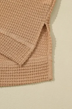 Clearance Dear-Lover Waffle Knit High Slits Oversized Top Khaki